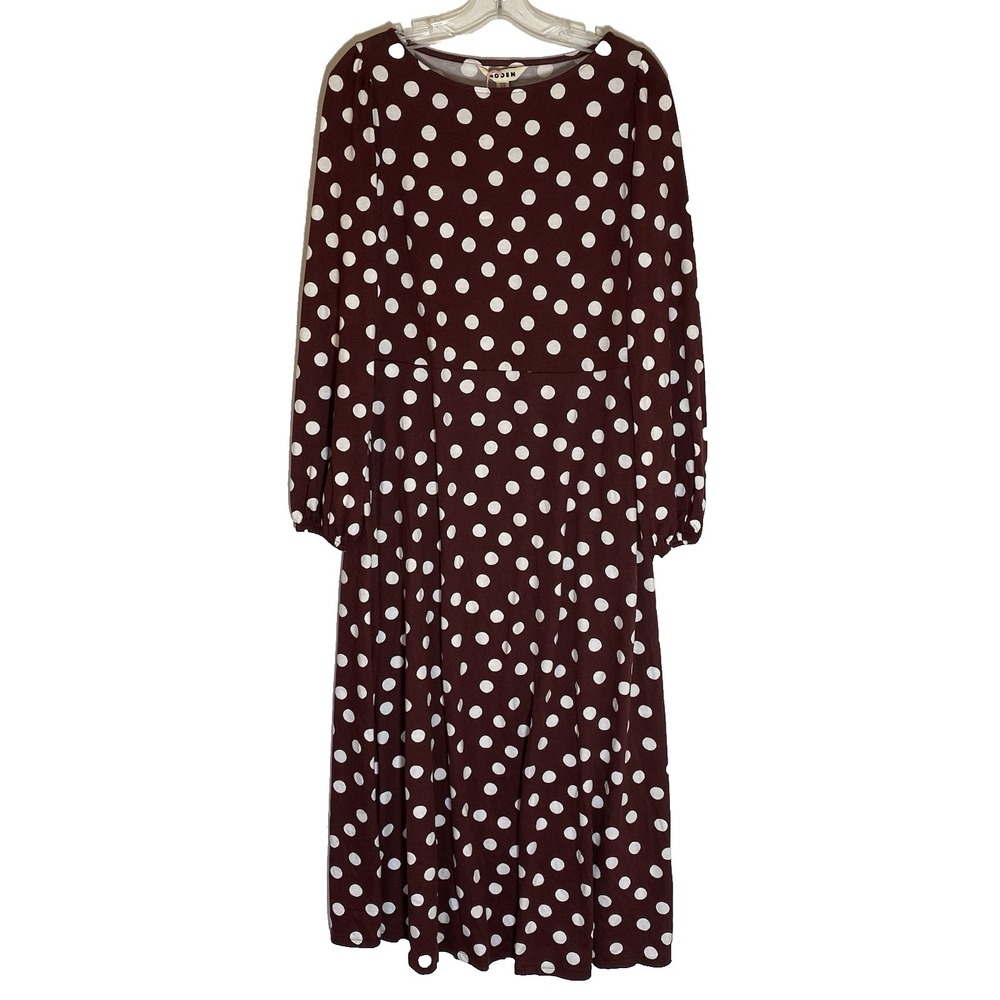 Boden Dress Womens 8R Burgandy White Polka Dot Casual Midi Comfort‎ Soft Pockets
